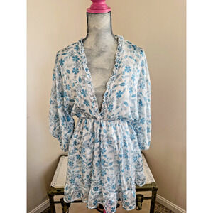 Rev Babydoll Mini Dress Womens Blue White Floral Large